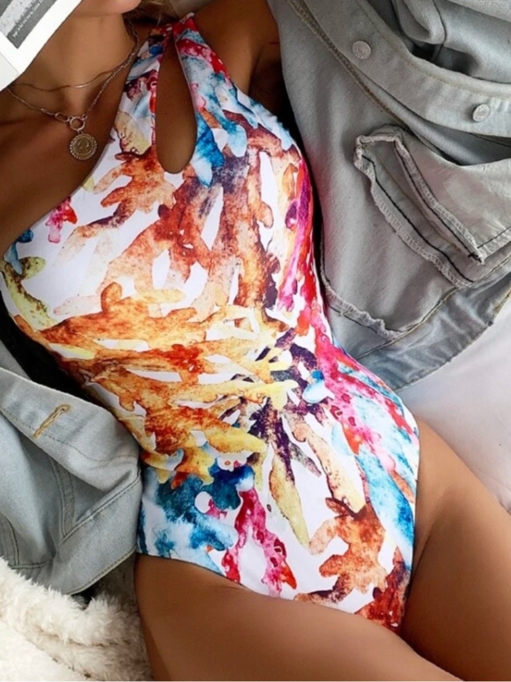 SHEIN ONE-SHOULDER CUTOUT MULTI WATERCOLOR PRINT MONOKINI ONE PIECE SWIMSUIT L
